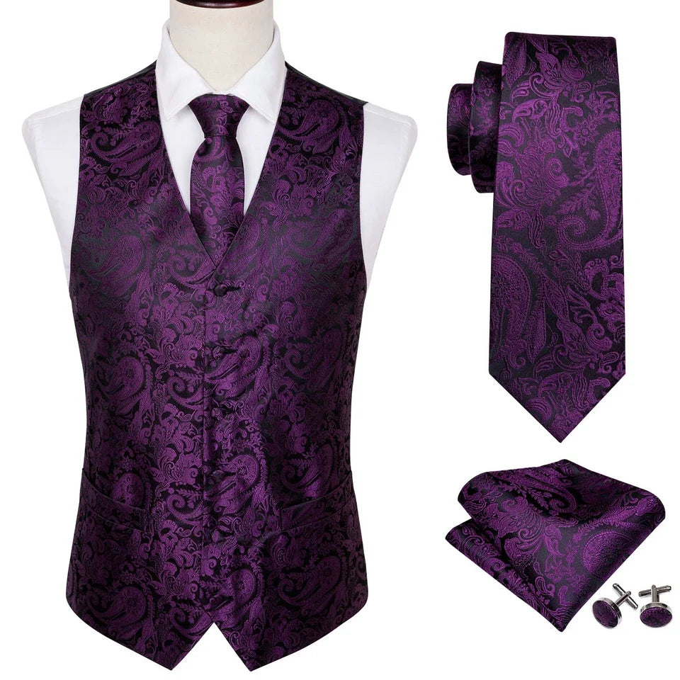 Men's Waistcoat Purple Embroidered Silk Vest with Tie and Pocket Square for Weddings and Formal Events