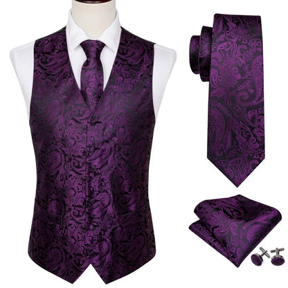 Men's Waistcoat Purple Embroidered Silk Vest with Tie and Pocket Square for Weddings and Formal Events