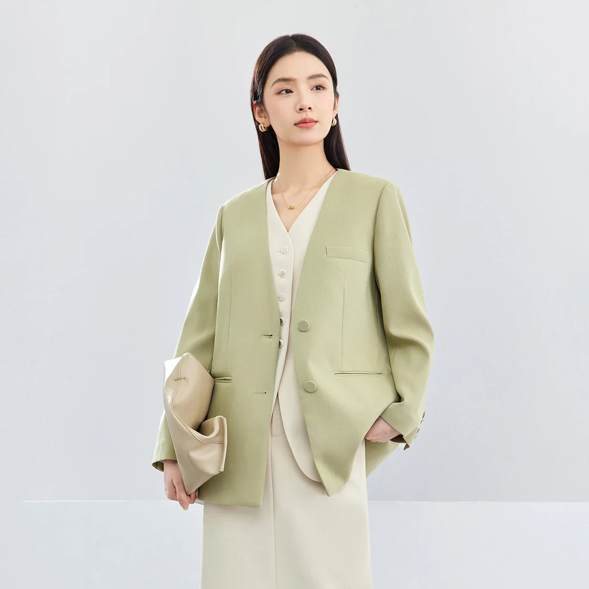 Women Blazer Khaki Green Suit Jacket 2026 Spring V Neck Office Lady Long Sleeve Outerwear Woman Clothes 141X52951