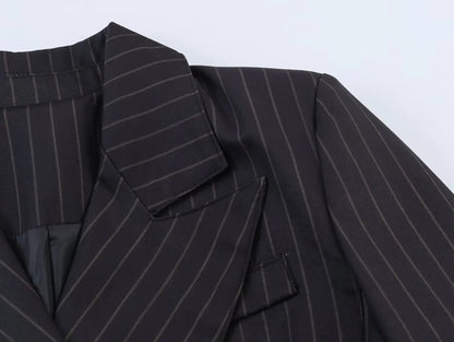 Women New Fashion Charcoal Gray Pinstripe Double-breasted Blazer Coat Female Versatile Lapel Long Sleeve Office Suit Jacket