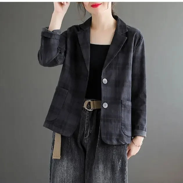 Fashion Chic Cotton Plaid Blazer Female Spring and Autumn New Literary Retro Elegant Commuter Small Incense Wind Jacket Women