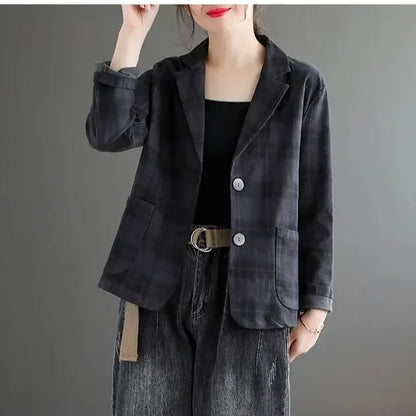 Fashion Chic Cotton Plaid Blazer Female Spring and Autumn New Literary Retro Elegant Commuter Small Incense Wind Jacket Women