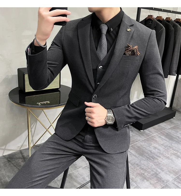 (Jacket +Vest+Pants) Plus Size 7XL-S Men Korean Slim Fit Groom Wedding Business Casual Tuxedo Mens Work Social Suit 3 Pieces