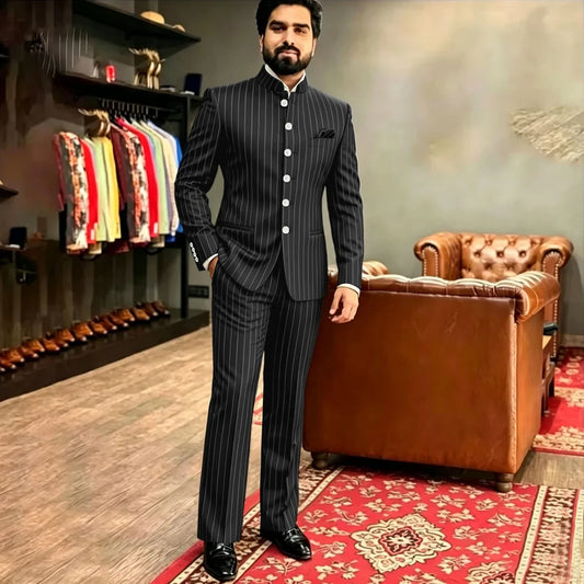 Men's Striped 2 Piece Suit Mandarin Collar Slim Fit Tuxedo Blazer Straight Leg Pants Formal Set Business Wedding Groom Party