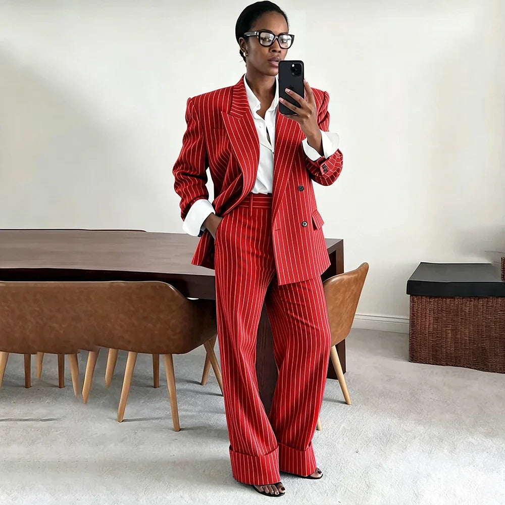 Neutral Gray Pinstripe Oversized Matching Sets Double Breasted Women's Suit Casual Formal 2-Piece(Jacket+Pants) Office Set