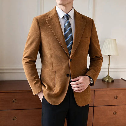 High Quality Autumn Suede Suit Jacket for Men Solid Color Slim Fit Business Social Formal Jackets Leather Wedding Groom Blazers