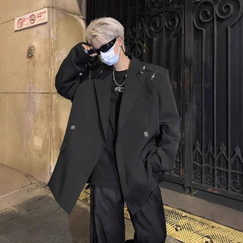 Men's Premium Korean Style Single-Breasted Casual Blazer Set Autumn Trendy Split-Design Loose Fit Elegant Jacket Outerwear