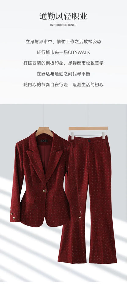 Fashion Women Suits 2024 New Autumn Winter Temprament Business Formal Slim Blazer And Flare Pants Office Ladies Work Wear