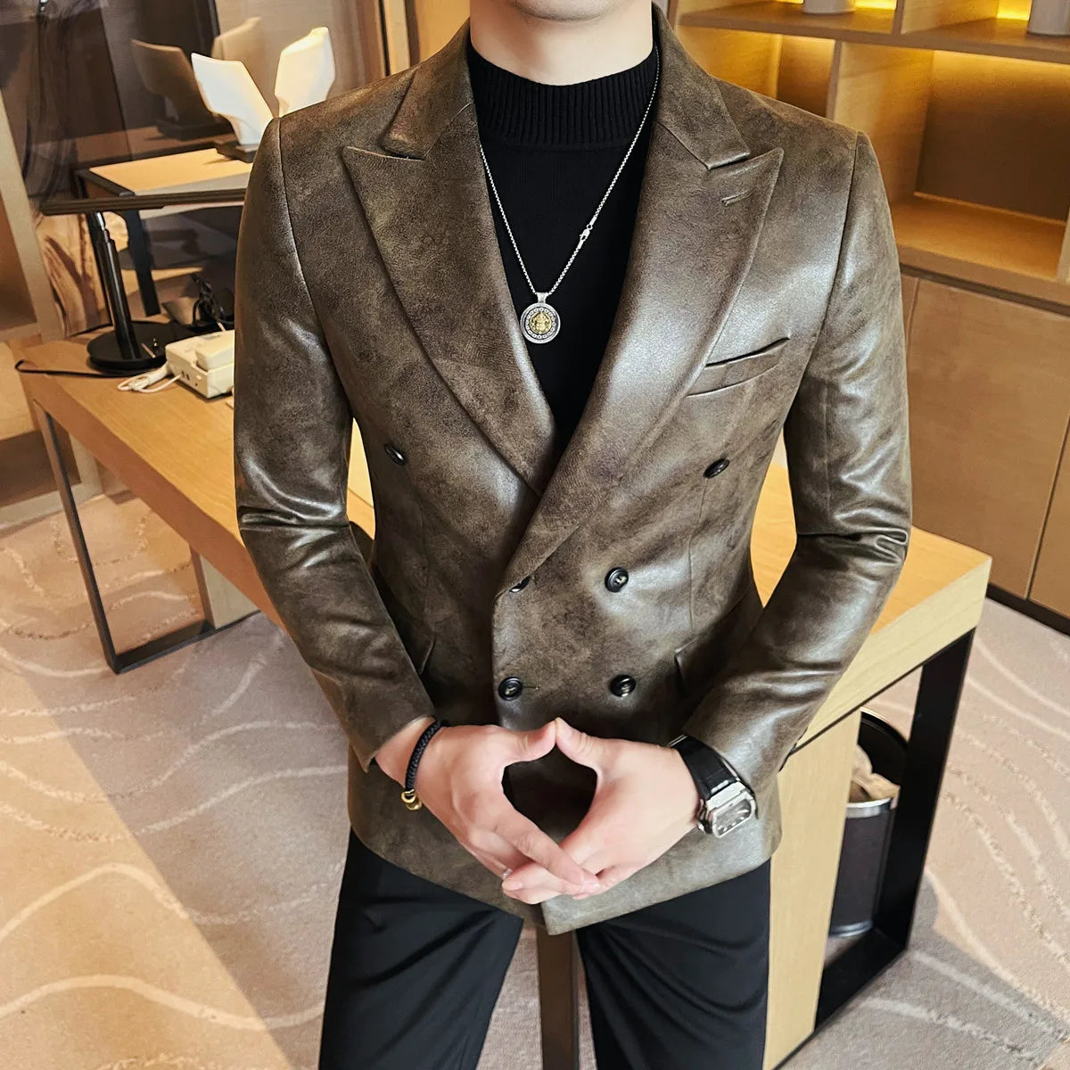 Brand Retro Leather Suit Jacket Men British Style Double Breasted Casual Business Blazers Wedding Groom Party Banquet Jackets