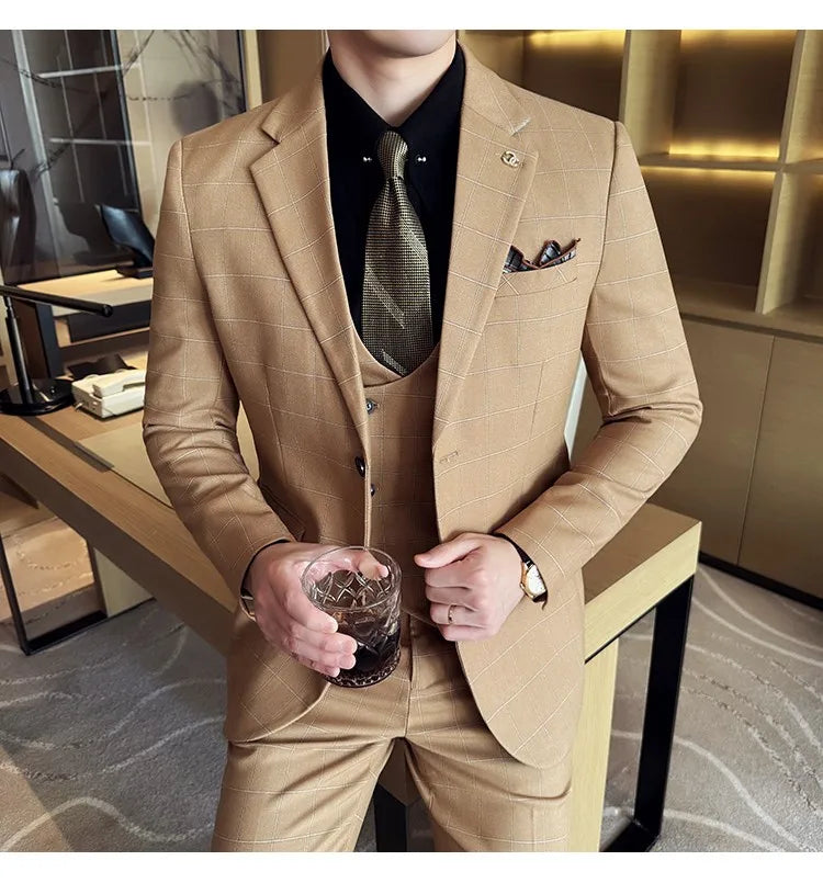 Men's 3-Piece Slim Fit Plaid Suit – Jacket, Vest & Pants for Weddings, Office & Formal Occasions