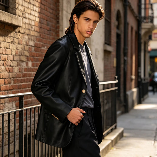 Men's PU Leather Suit Jacket Notched Lapel Single Breasted Blazer for Groom Wedding Classic Style