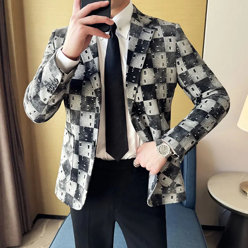 New High Qualitys Denim Jacquard Suit Jacket Men Slim Fit Business Social Formal Social Suit Coats Tailcoats Men Clothes 4XL-M