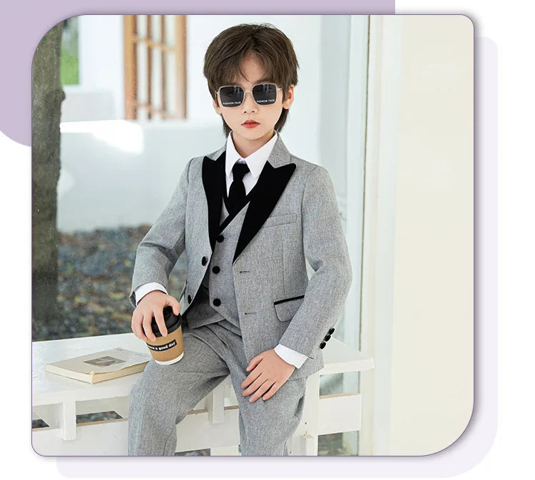 Boys Fashion Blazer Jacket Waistcoat Pants Wedding Suits Kids Morning Coat Formal Dress Children Tuxedos Toddler Clothes Sets