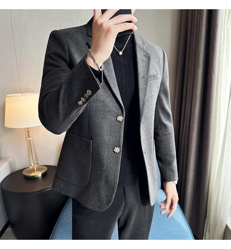 Autumn Winter New Woolen Slim Fit Suit Coat Men Fashion Casual Business Social Party Dress Men's Suit Jackets Tailcoats 4XL-M