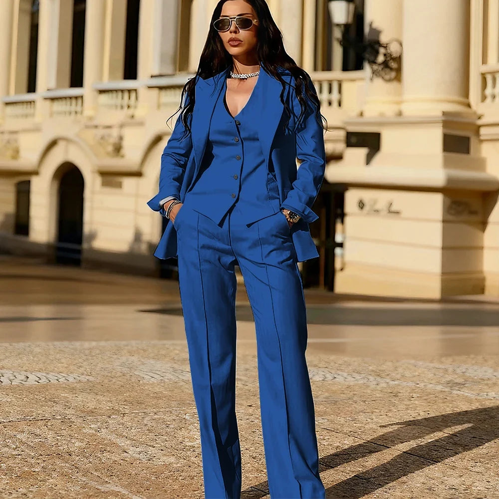 Light Blue 3 Piece Suit Set New Women's Jackets Single Breasted Peaked Lapel Blazer+Vest+Pants Formal Office Commute Outfit