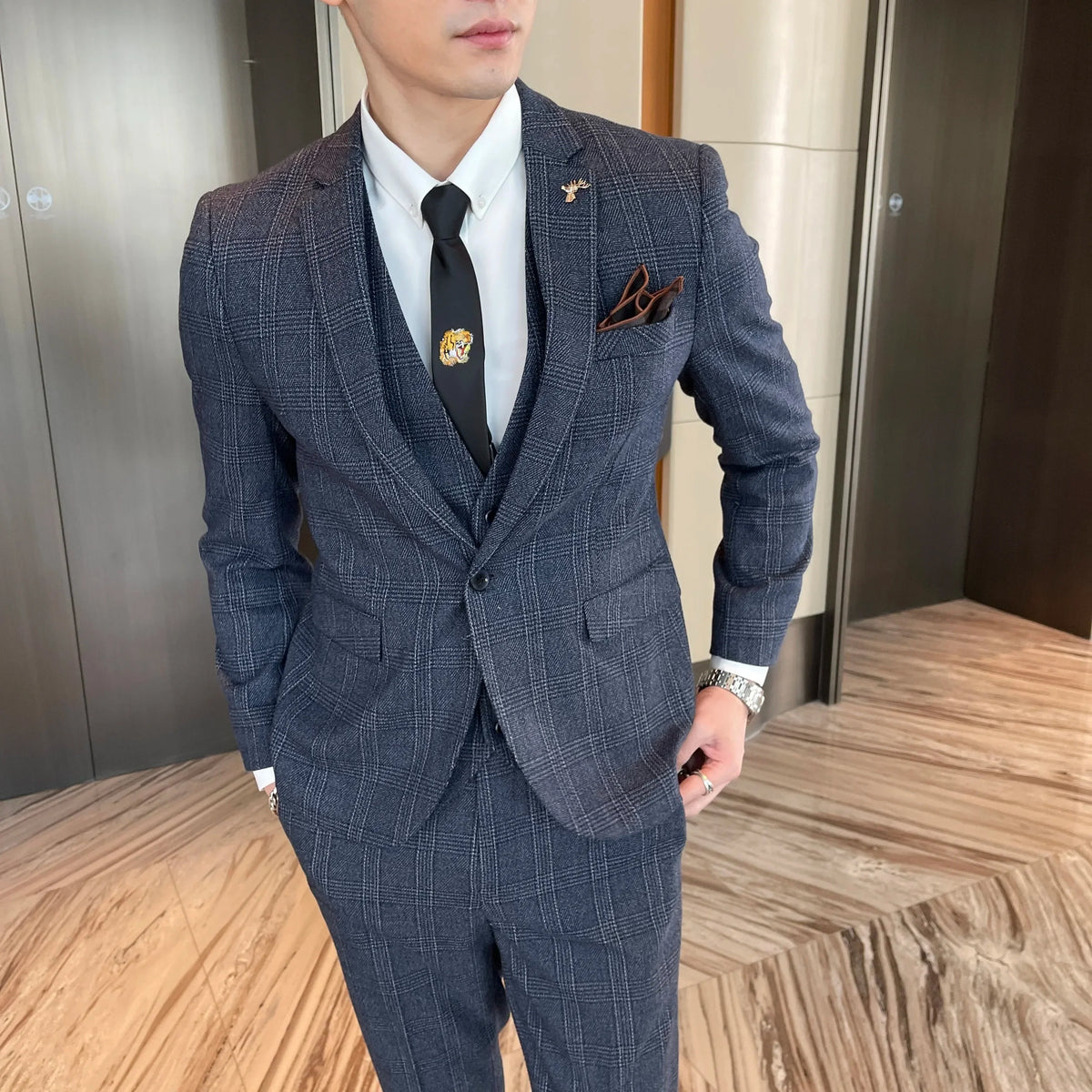 Ensemble costume trois pièces à carreaux modifié de haute qualité de style coréen britannique pour hommes - Gilet et pantalon de costume décontracté élégant