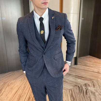 Ensemble costume trois pièces à carreaux modifié de haute qualité de style coréen britannique pour hommes - Gilet et pantalon de costume décontracté élégant