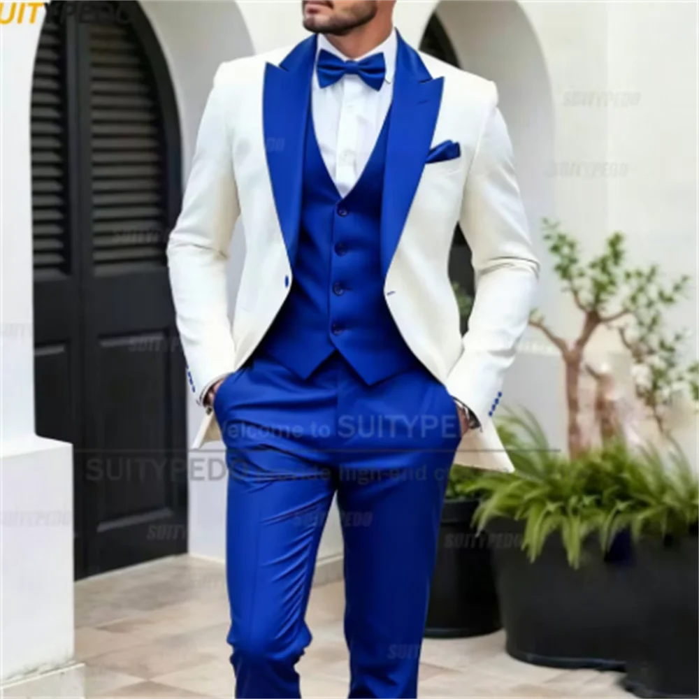 Elegant Men's Suit Set 3 Pieces Blazer Vest Pants Fashion Wedding Birthday Party Groom Homme Costume Formal Peak Lapel Tuxedos