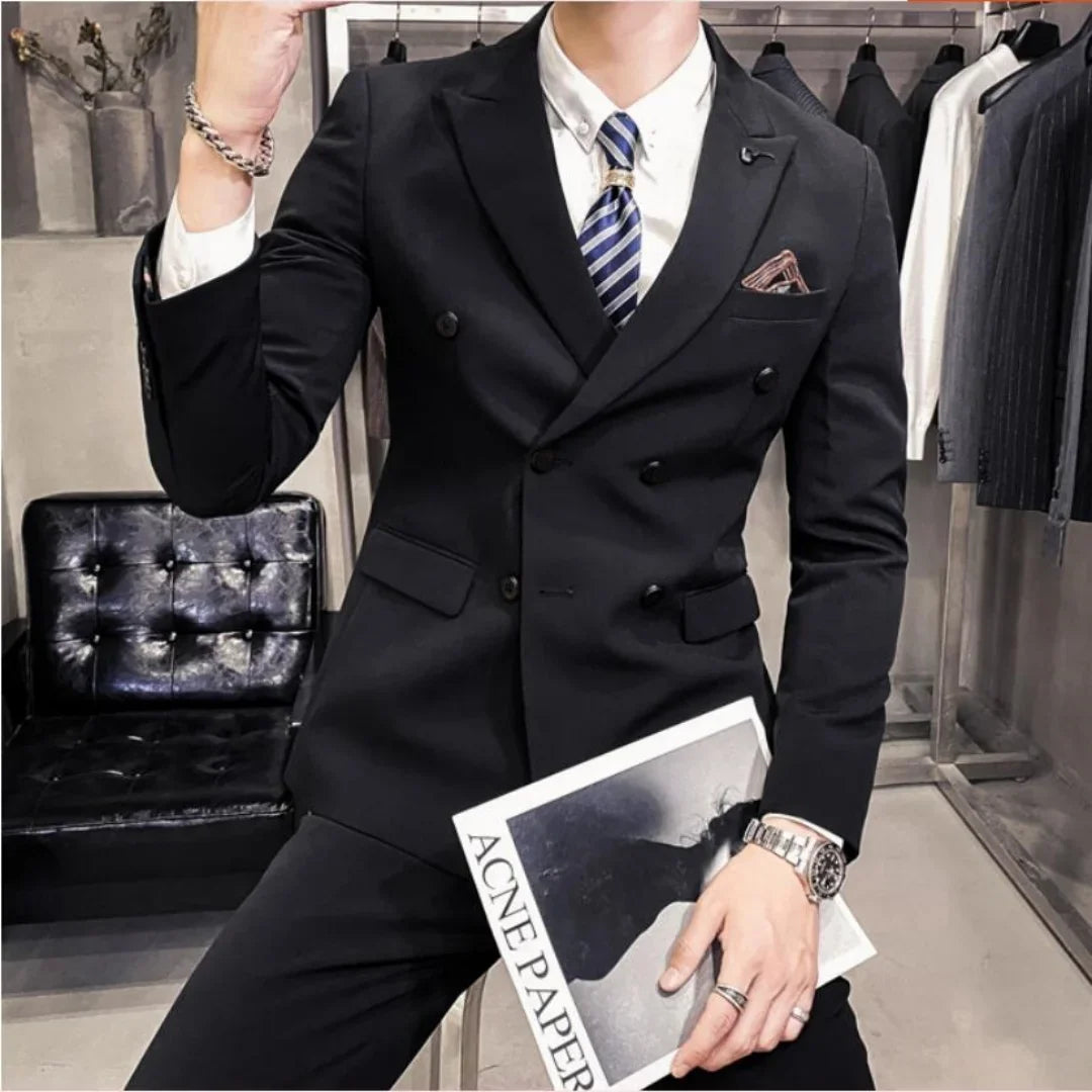 Men's 2 Piece Formal Business Suit Set with Tie Two Button Wedding Groomsmen Party Jacket And Pants Ensemble