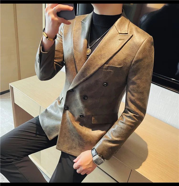 Brand Retro Leather Suit Jacket Men British Style Double Breasted Casual Business Blazers Wedding Groom Party Banquet Jackets