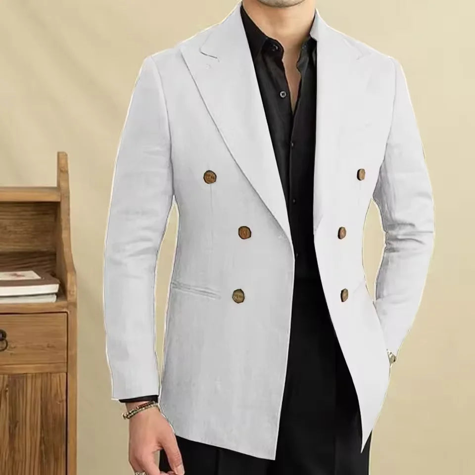 Vintage Men's Linen Blazer Double Breasted Peak Lapel Slim Fit Jacket Breathable Soft Wrinkle Free Business Casual Men Suit Coat