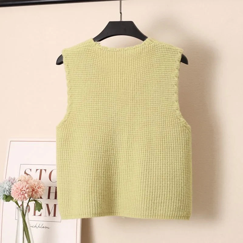 Women Knitted Tank Top Autumn New Sweet And Fresh Short Loose Sleeveless Sweater Cardigan Women's Knitted Vest