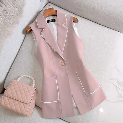 2026 Spring Autumn Women Vintage Long Blazer Vest Chic Single Button Sleeveless Suit Female Jacket Outwear Waistcoat Tops