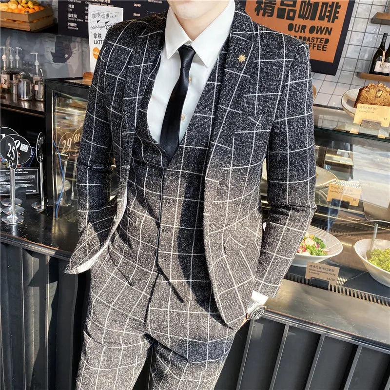 Men's 3-Piece Slim Fit Striped Plaid Suit Set with Vest and Trousers – Wedding & Business