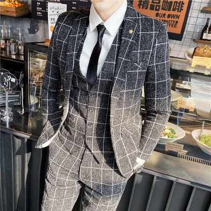 Men's 3-Piece Slim Fit Striped Plaid Suit Set with Vest and Trousers – Wedding & Business