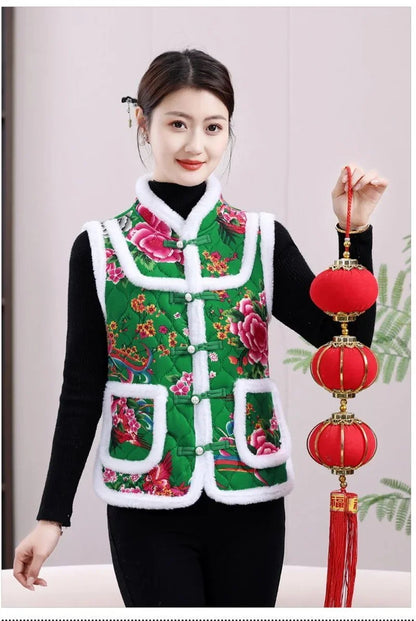 Middle-aged Mother Add Velvet Warm Vest Coat Autumn Winter New Printed Fleece Sleeveless Jacket Grandma Thicken Warm Waistcoat