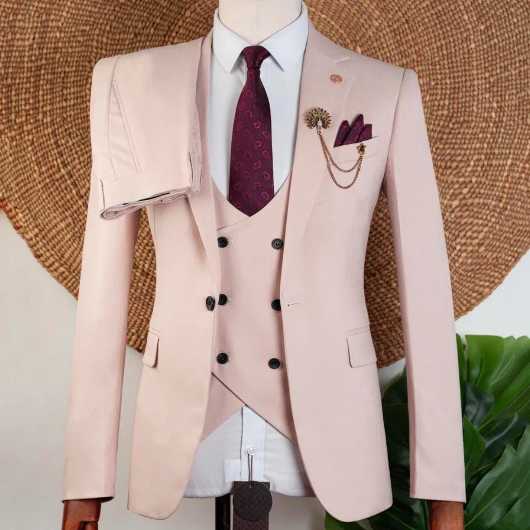 Men Suit Beige 3 Pieces Solid With Lapel For Wedding Groom Banquet Party Prom Business Work Office Daily Jacket Vest With Pants