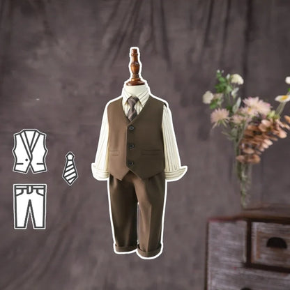 Birthday Formal Photography Outfit Flower Boys Brown Plaid Wedding Dress Kids Children's Piano Host Performance Costume