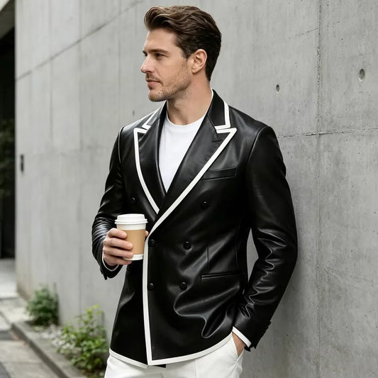 Men's PU Leather Double Breasted Blazer with White Edge Trim – Slim Fit Party Jacket