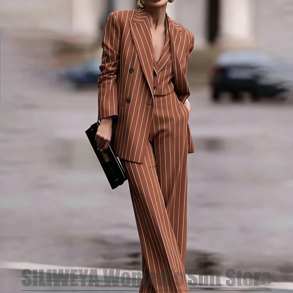 Navy Women's Striped 3 Piece Suit Double Breasted Blazer Vest Wide-Leg Pants Set Fashion Formal Party Office Casual Outfit