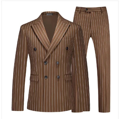 Fashion Men Double Breasted Striped Suit 2 Piece Black / Wine Red Homme Business Social Wedding Party Blazers and Trousers