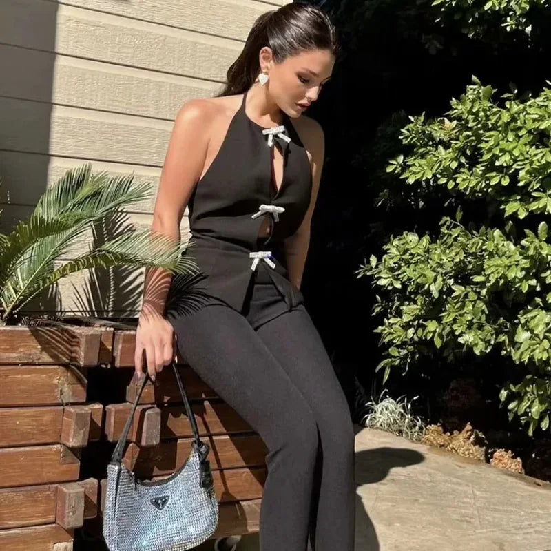 Rhinestone Bow Halter Top Women Off Shoulder White Crop Top Woman Party Backless Sexy Tops Summer Cut Out Short Black Top