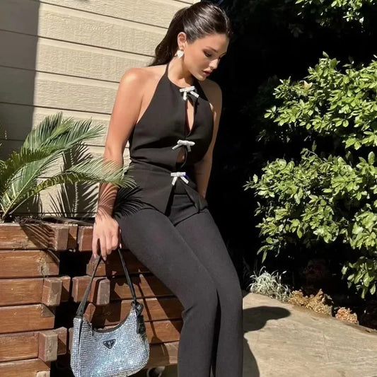 Rhinestone Bow Halter Top Women Off Shoulder White Crop Top Woman Party Backless Sexy Tops Summer Cut Out Short Black Top