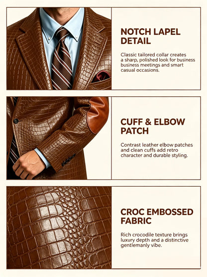 Men's Faux Leather Blazer  Crocodile Pattern Printed Sports Coat Jacket with Elbow Patch  For Party Prom Banquet Wedding Office