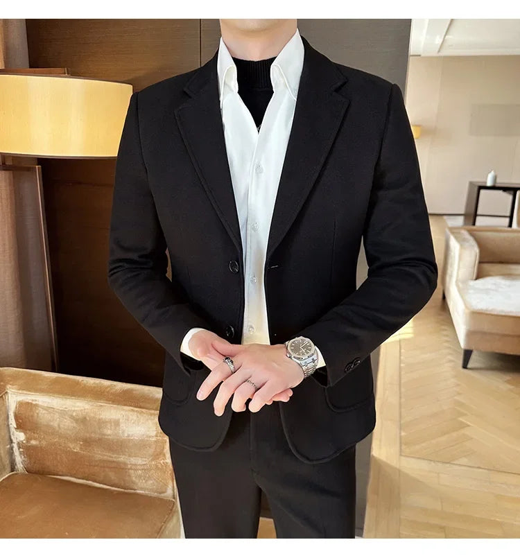 Plus Size 7XL-M ( Jacket+Pant）Autumn Winter Thickened Starry Sky Woolen Suit High Quality Slim Fit Business Social Casual 2 Pcs