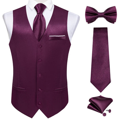 Men's Satin Suit Vest Set with Necktie Bow Tie Handkerchief and Cufflinks for Wedding and Formal Occasions