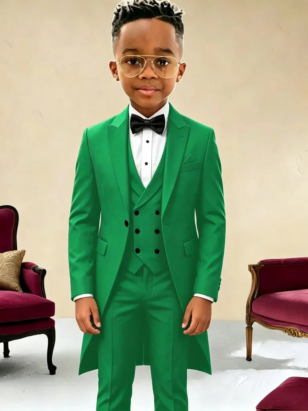 New Boys Long Jacket Vest Pants 3 Pieces Suits Piano Performance Wear Classy Peak Lapel Kid Slim Fit Suit Set For Wedding