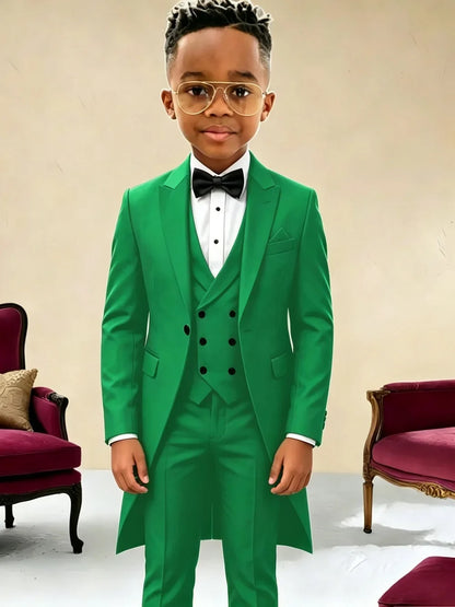 New Boys Long Jacket Vest Pants 3 Pieces Suits Piano Performance Wear Classy Peak Lapel Kid Slim Fit Suit Set For Wedding