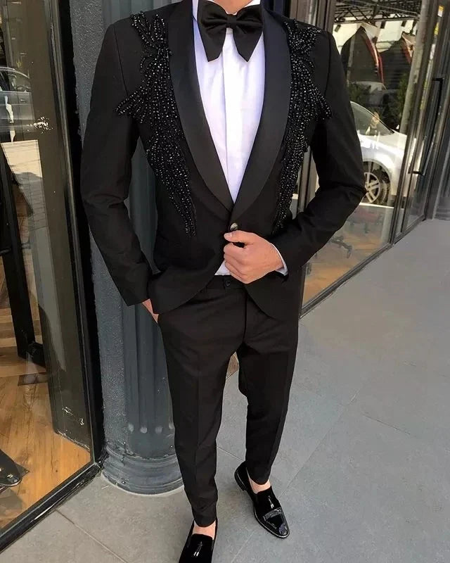 Luxury Men's Suit 2 Pieces Blazer Pants One Button Sheer Lapel Satin Business Beads Formal Work Wear Wedding Groom Costume Homme