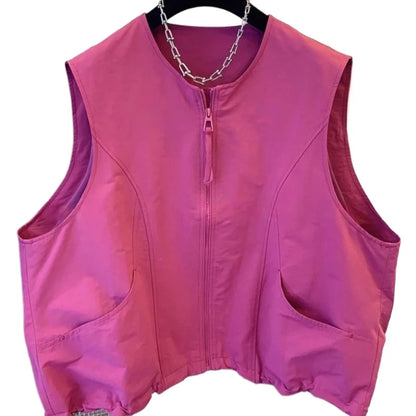 Women's Vest 2026 New Solid Color Round Neck Zipper Loose Sleeveless Jacket Vest Female Casual Tops Ladies Waistcoat Outerwear