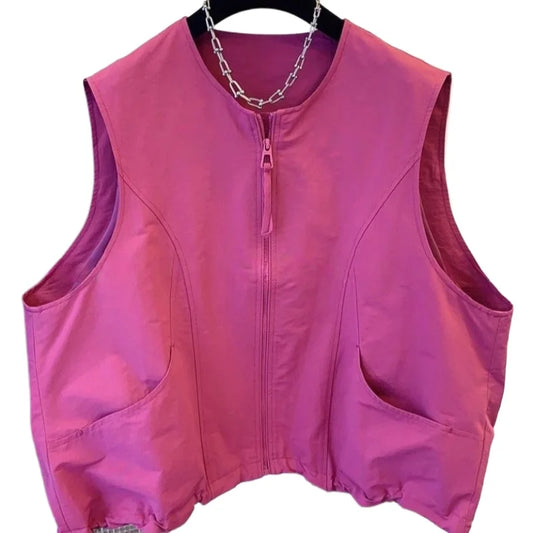 Women's Vest 2026 New Solid Color Round Neck Zipper Loose Sleeveless Jacket Vest Female Casual Tops Ladies Waistcoat Outerwear