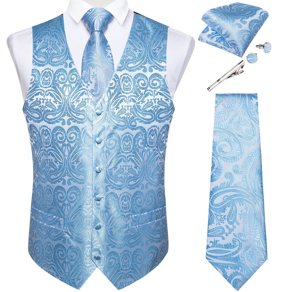 Men's Suit Vest Set with Tie, Handkerchief & Cufflinks for Wedding & Banquet