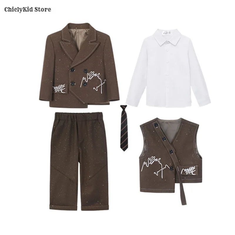 Boys Solid Double Breasted Blazer Jack Vest Pants Children Suit Waistcoat Wedding Clothes Sets Toddler Formal Dress Kids Tuxedos