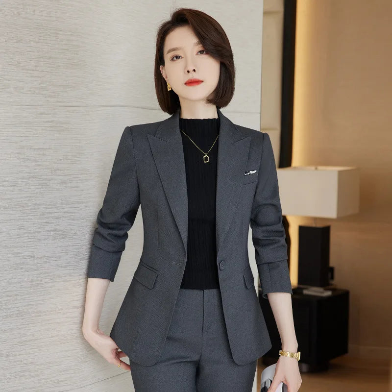 Ladies Blazer And Pant Suit Formal Army Green Khaki Gray Black Solid Women Jacket Trouser Female Business Work Wear 2 Piece Set