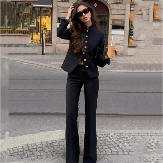 Classic Black Women's Suit Set Stand Collar Single Breasred Cropped Blazer Pants 2 Piece Outfit Elegant Office Business Wear