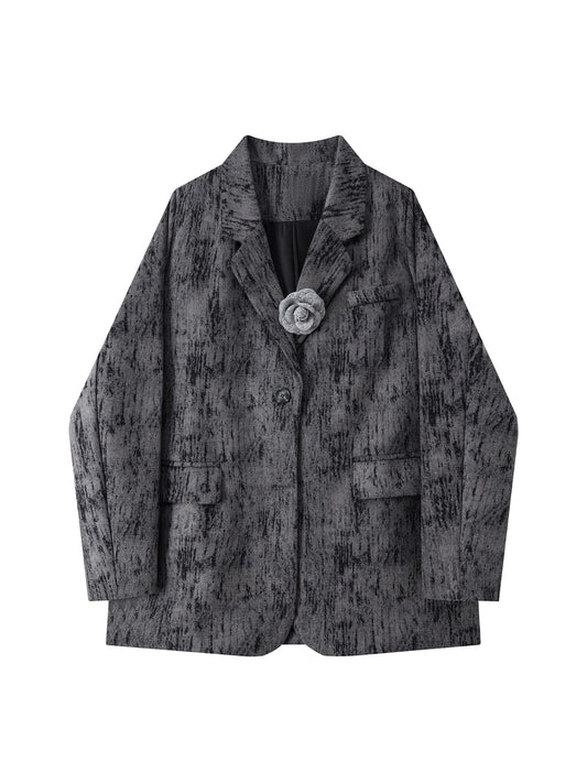 Women Grey Blazer Jacket Y2k Harajuku 2000s Vintage 3D Floral Suit Coat Office Ladies Long Sleeve Oversize Outerwear Autum 2025
